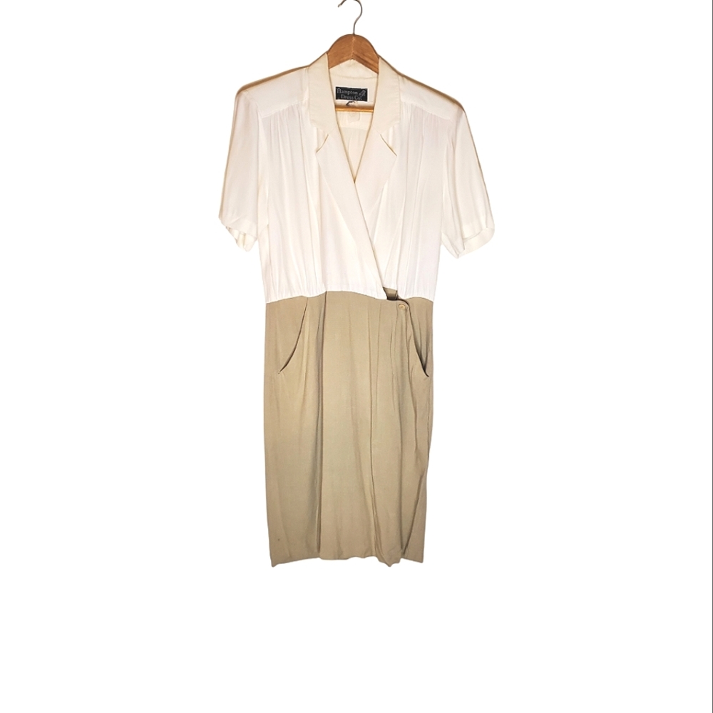 White Top Khaki Bottom 80s Business Casual Short Sleeve Dress with Pockets